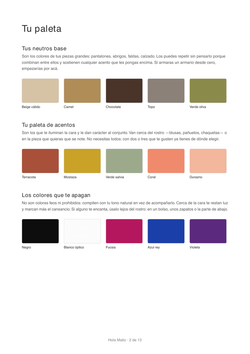 Página de un reporte con las tres partes de la paleta: neutros base, acentos y los colores que apagan, cada uno con su nombre.